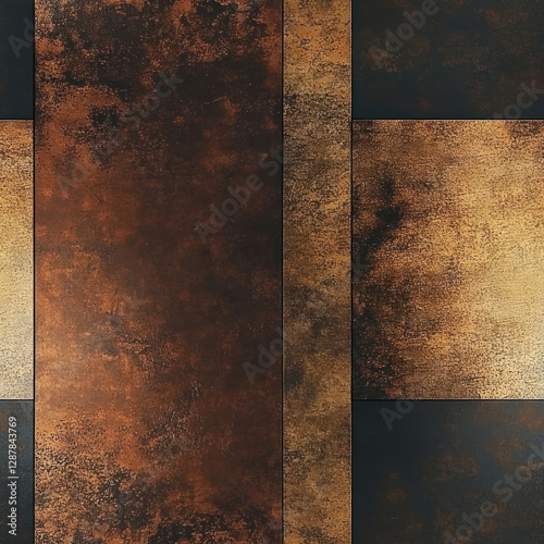 Metal panels, oxidizing and rusting. Close-up view of weathered geometric backdrop with rust and dark shadows photo