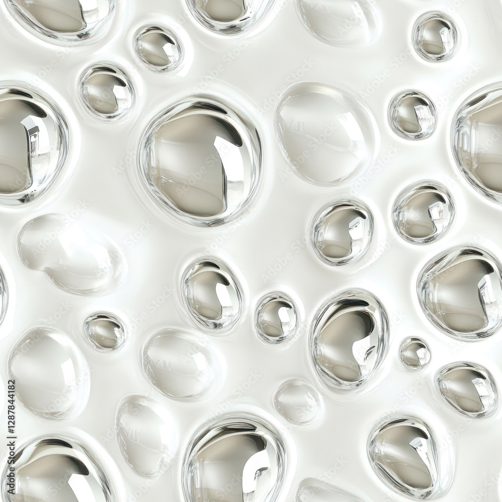 Metallic drops on white surface, light reflecting. Abstract, clean, and modern design Metallic drops on white surface, light reflecting. Abstract, clean, and modern design