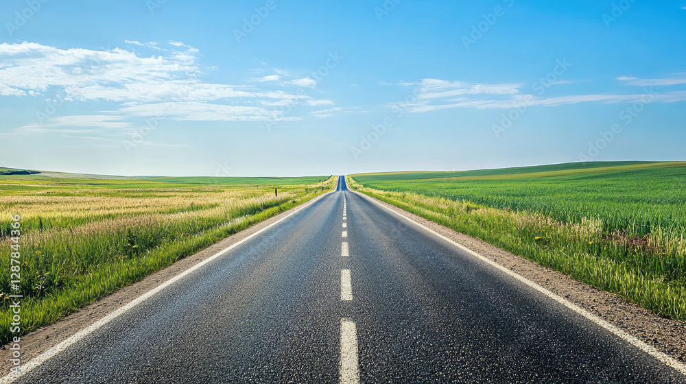 Wide road into distance, flanked by green fields and blue sky. High-definition, horizontal composition. Serene beauty. Wide road into distance, flanked by green fields and blue sky. High-definition, horizontal composition. Serene beauty.