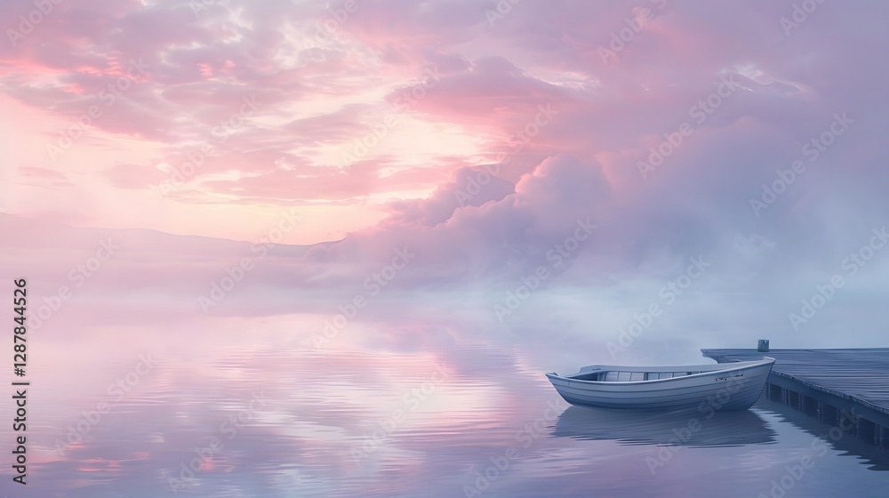 Serene Lakeside Sunrise with Wooden Boat and Soft Pastel Sky Reflection Serene Lakeside Sunrise with Wooden Boat and Soft Pastel Sky Reflection