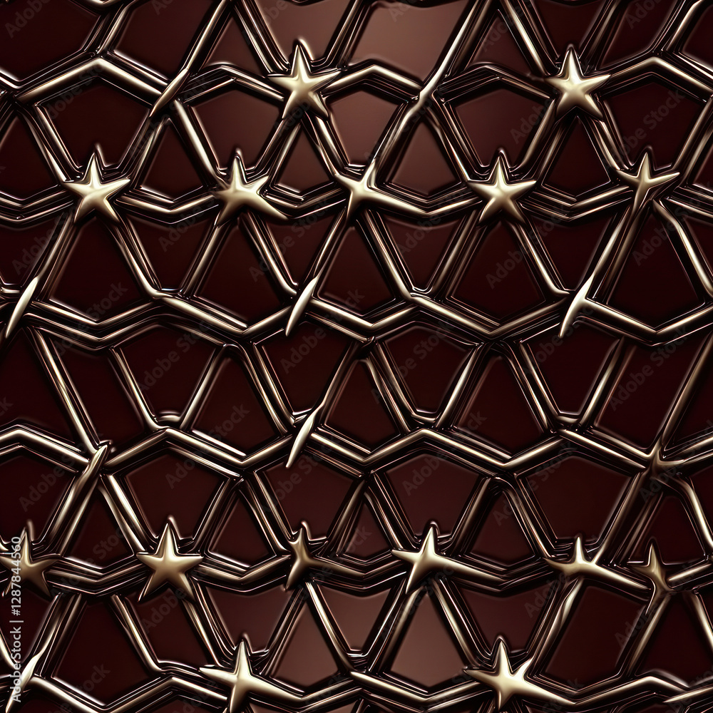 Fototapeta premium Metallic stars woven into abstract geometric pattern against a dark reddish-brown gradient background