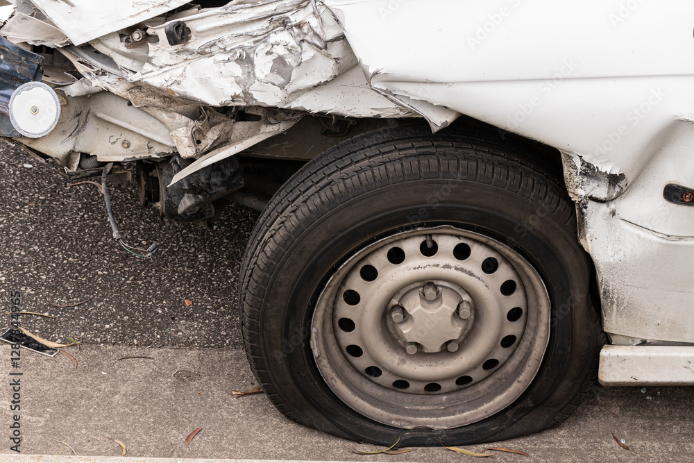 a flat tyre wheel after a bad car rash accident a flat tyre wheel after a bad car rash accident