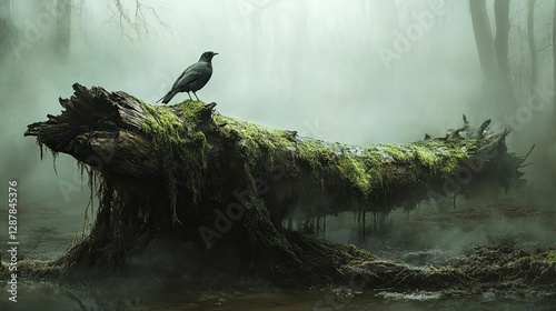 Misty forest, moss-covered log, solitary bird.