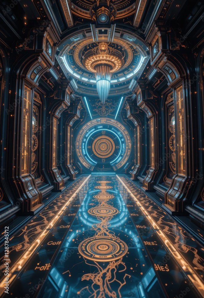 Obraz premium Futuristic Sci Fi Corridor Design Elegant Gold and Blue Illuminated Pathway Digital Art
