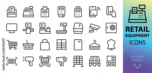 Retail store equipment line icons set. Set of cash register, trade scales, fiscal registrar, barcode scanner, price checker, pos terminal, self-service checkout, shelves, rack vector icon