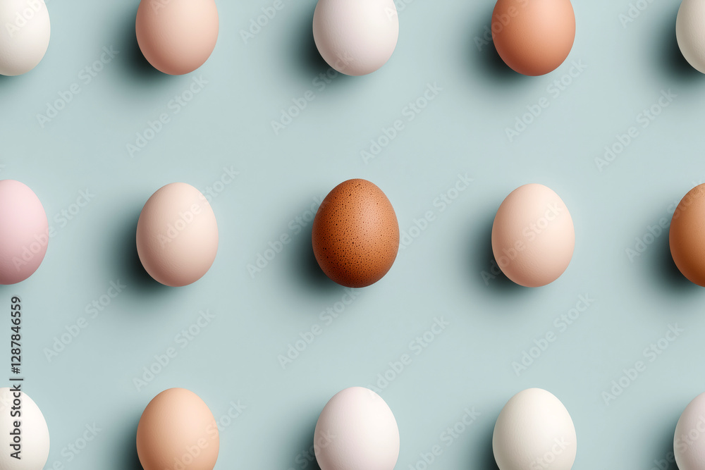 Creative flat lay of eggs in different shades arranged on pastel blue background Creative flat lay of eggs in different shades arranged on pastel blue background