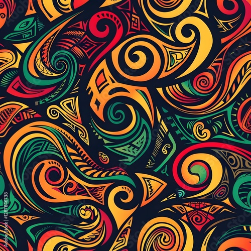 Vibrant Maori Tattoo-Inspired Pattern Evoking Cultural Identity and Heritage