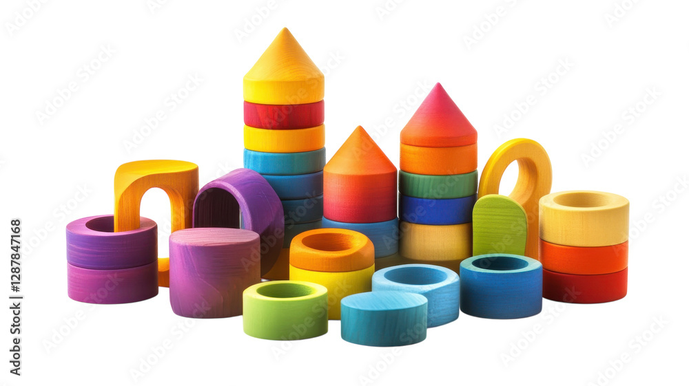 Colorful wooden building blocks arranged creatively for educational playtime in a bright setting