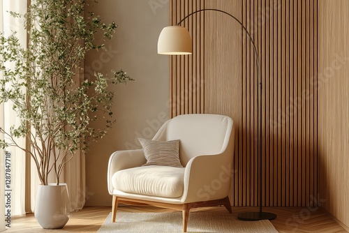 A cozy reading nook with a comfortable armchair, a stylish floor lamp, and warm wooden elements in a modern space. photo