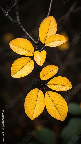 Autumn leaves on branch, close-up, nature photo