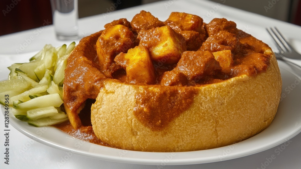 Delicious stew served in bread bowl with vegetables on the side Delicious stew served in bread bowl with vegetables on the side