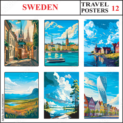 Sweden Uppsala Stockholm Trelleborg Travel Poster Wall Art Print Collection Set Part 12