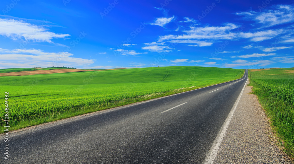 Wide road into distance, flanked by green fields and blue sky. High-definition, horizontal composition. Serene beauty. Wide road into distance, flanked by green fields and blue sky. High-definition, horizontal composition. Serene beauty.