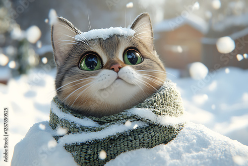 Wallpaper Mural A cute cat with big eyes wearing a scarf, sitting in the snow. Torontodigital.ca