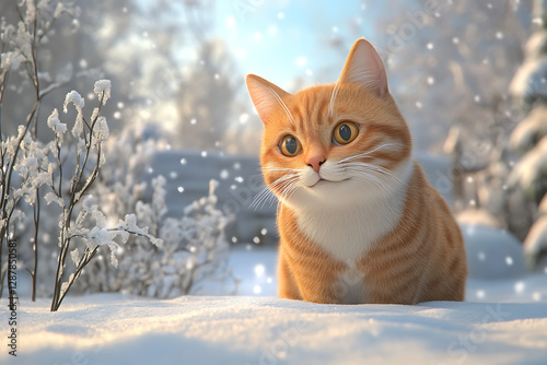 Wallpaper Mural A cute orange cat sits in the snow, surrounded by a winter landscape with falling snowflakes. Torontodigital.ca