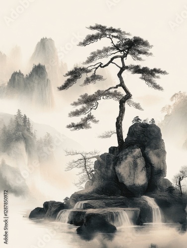 Serene Asian Landscape with Solitary Pine Tree on Rocky Outcrop in Misty Mountainous Scene Ink Wash Painting Style