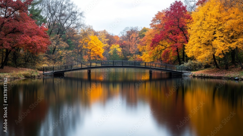 Autumnal Bridge Reflecting Colorful Trees Autumnal Bridge Reflecting Colorful Trees