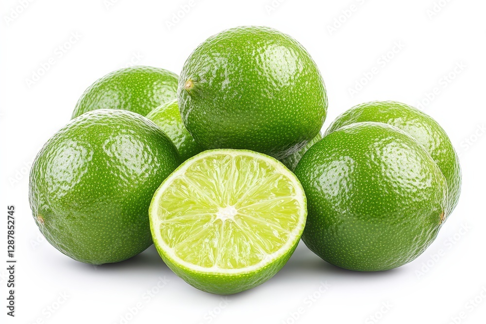 Fresh green limes with a sliced lime on a white background. Fresh green limes with a sliced lime on a white background.