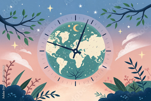 Sustainable Earth Clock with Green Nature and Time Concept