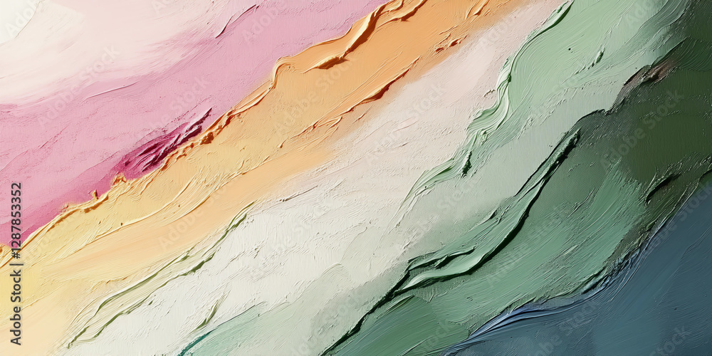 Naklejka premium Soft pastel-colored abstract oil painting with textured brushstrokes in shades of pink, blue, green, yellow, white, and grey, creating depth and a calming aesthetic