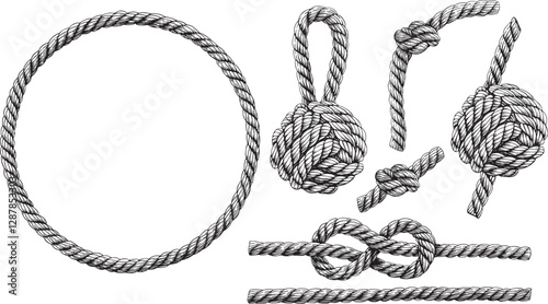 Set of knotted ropes cords monkey fist knot, eight knots. Nautical thread whipcord with loops and noose. Rope cord Twisted Round frame. Illustration hand drawn graphic isolated background vector.
