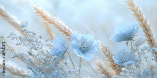Graceful floral arrangement with pale blue flowers and wheat.