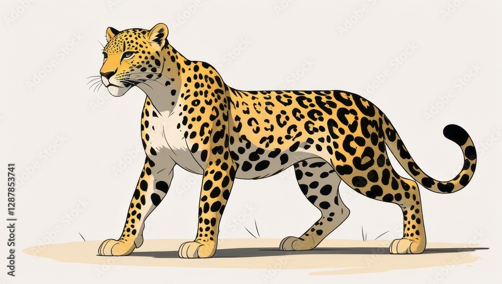 Fototapeta premium Illustrated leopard showcasing its stunning coat and graceful posture. Perfect for wildlife-themed education materials. Ideal for nature lovers and enthusiasts seeking beauty in wilderness.