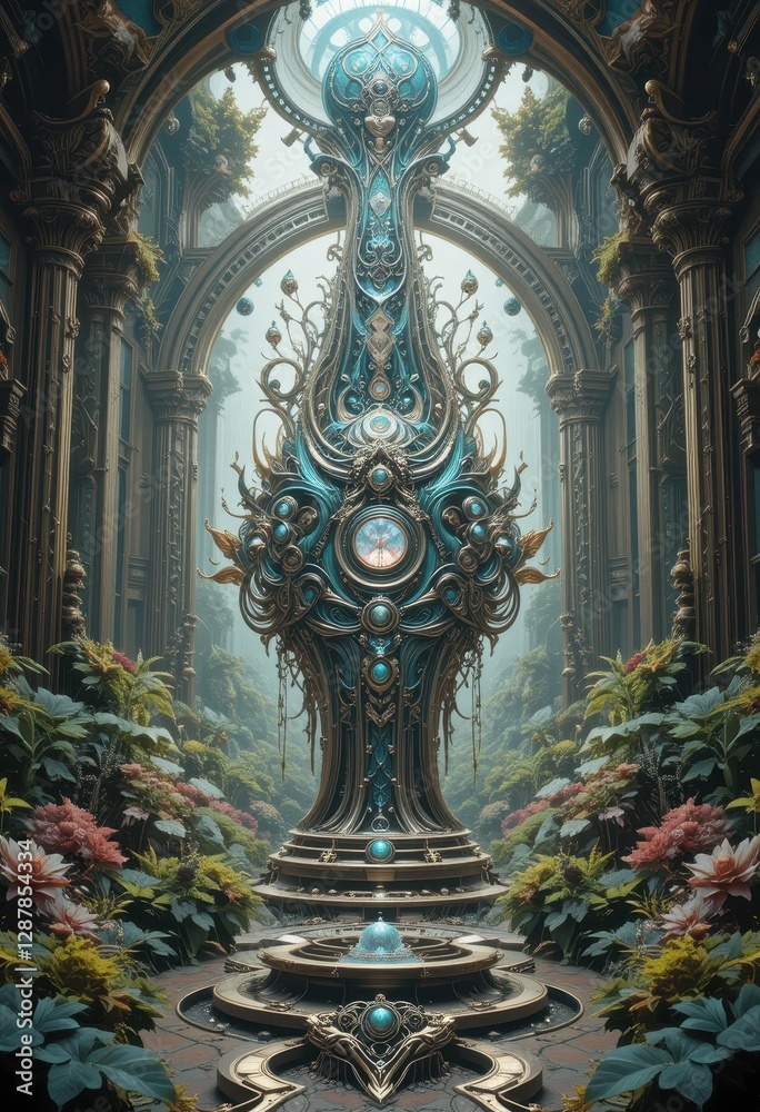 Fototapeta premium Ornate Teal and Gold Fantasy Structure in a Lush Garden Artistic 3D Render