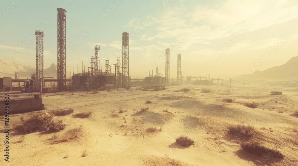 A vast desert wasteland with expansive data centers, capturing an epic and desolate atmosphere A vast desert wasteland with expansive data centers, capturing an epic and desolate atmosphere