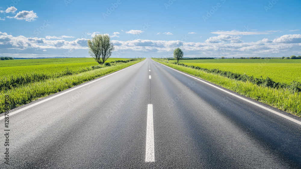 Wide road into distance, flanked by green fields and blue sky. High-definition, horizontal composition. Serene beauty. Wide road into distance, flanked by green fields and blue sky. High-definition, horizontal composition. Serene beauty.