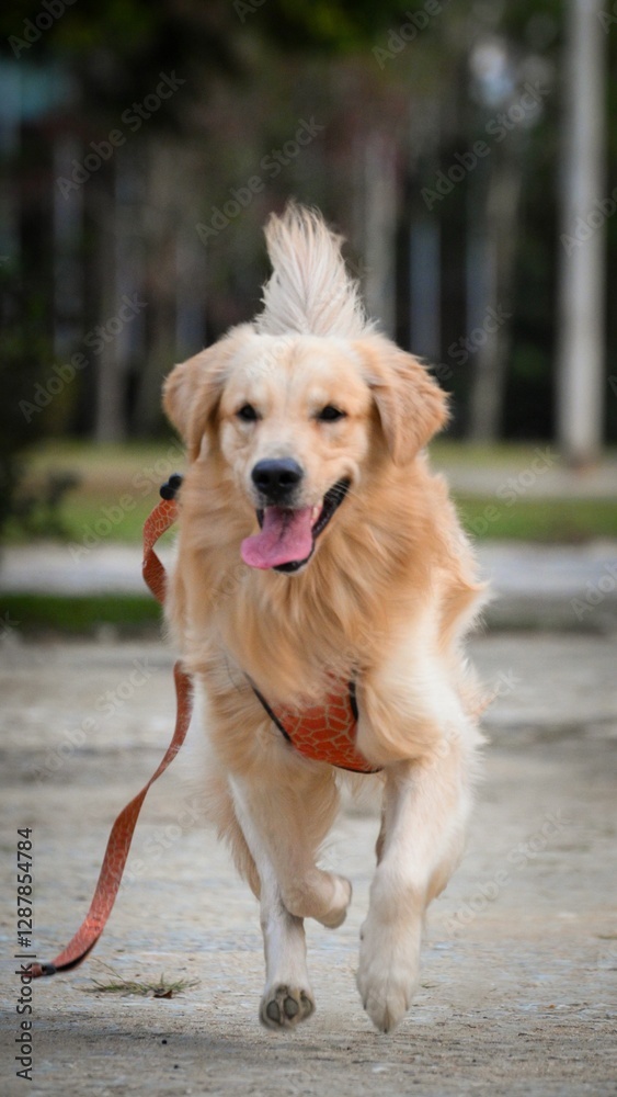 Golden Retriever joyfully running in a park. Golden Retriever joyfully running in a park.