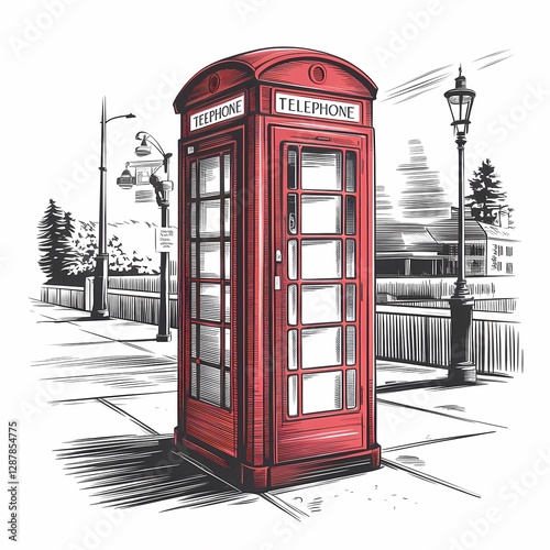Vintage Telephone Booth Engraving Vector Illustration