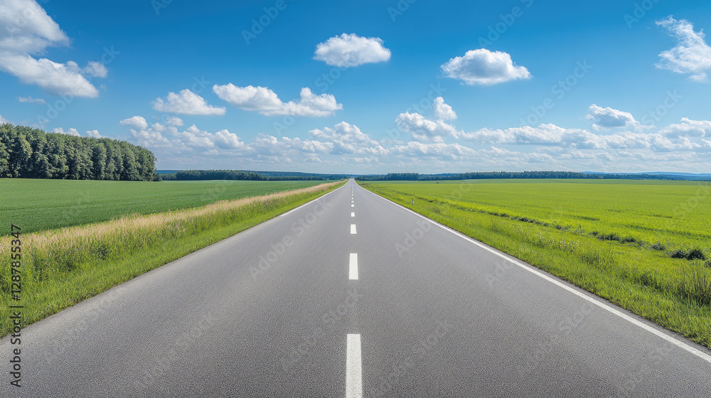 Wide road into distance, flanked by green fields and blue sky. High-definition, horizontal composition. Serene beauty. Wide road into distance, flanked by green fields and blue sky. High-definition, horizontal composition. Serene beauty.