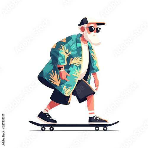 Vector elderly senior man on skateboard. Crazy old grandfather skateboarding active aging cartoon 
skateboarder vector illustration isolated sport, recreation, skater hobby concept.