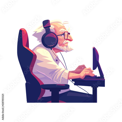 Senior gamer A old elderly man play the computer game, grandfather Gamer, 
programmer Vector illustration active aging. 