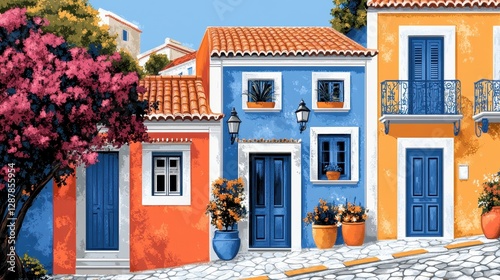 Colorful mediterranean street scene with vibrant buildings and flowers in pots creating a picturesque and inviting atmosphere in a sunny day