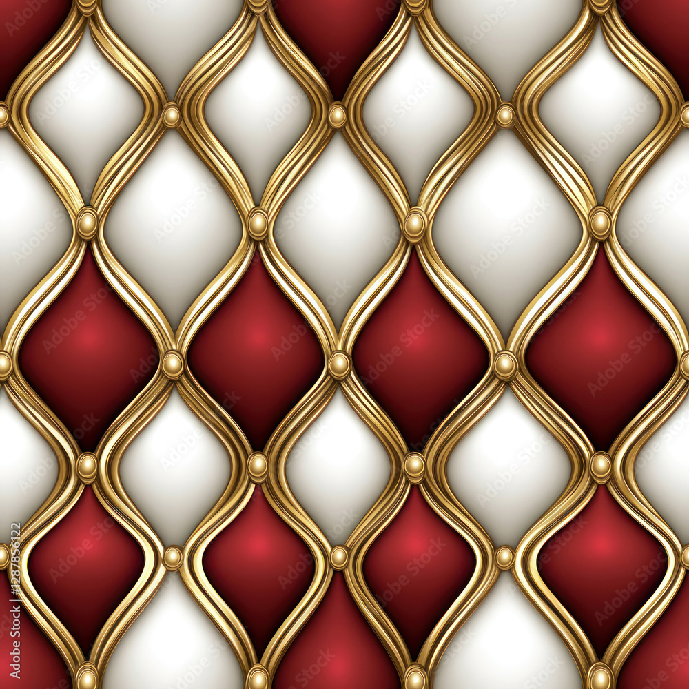 Naklejka premium Padded panels create a red and white rhombus pattern with gold trim; luxury backdrop