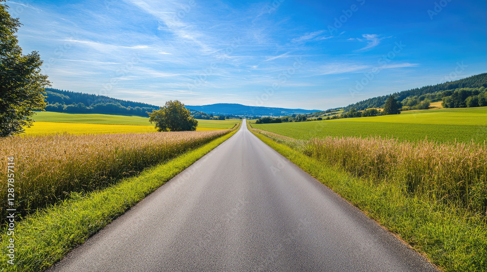 Wide road into distance, flanked by green fields and blue sky. High-definition, horizontal composition. Serene beauty. Wide road into distance, flanked by green fields and blue sky. High-definition, horizontal composition. Serene beauty.