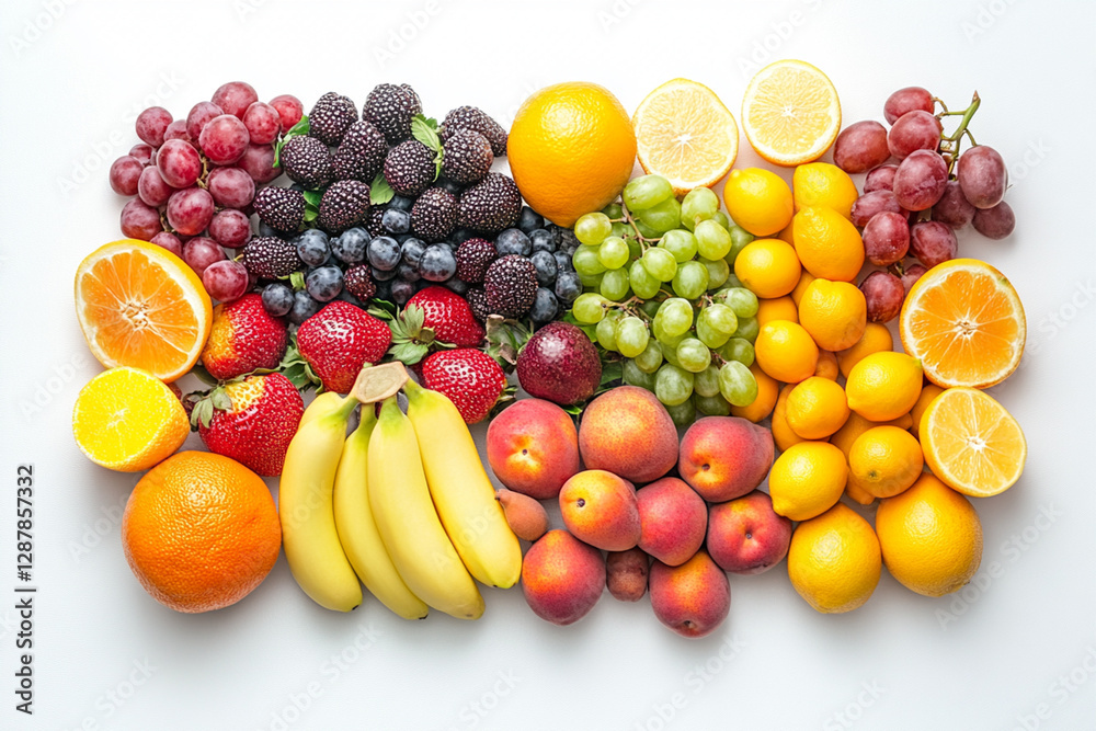 Variety of fresh fruits neatly arranged in a minimalist style Variety of fresh fruits neatly arranged in a minimalist style