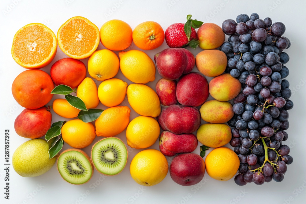 Variety of fresh fruits neatly arranged in a minimalist style