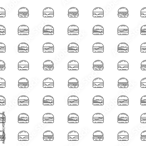 Burger seamless pattern background. Cheeseburger doodle sketch motif. Hamburger wallpaper, packaging, food wrapper