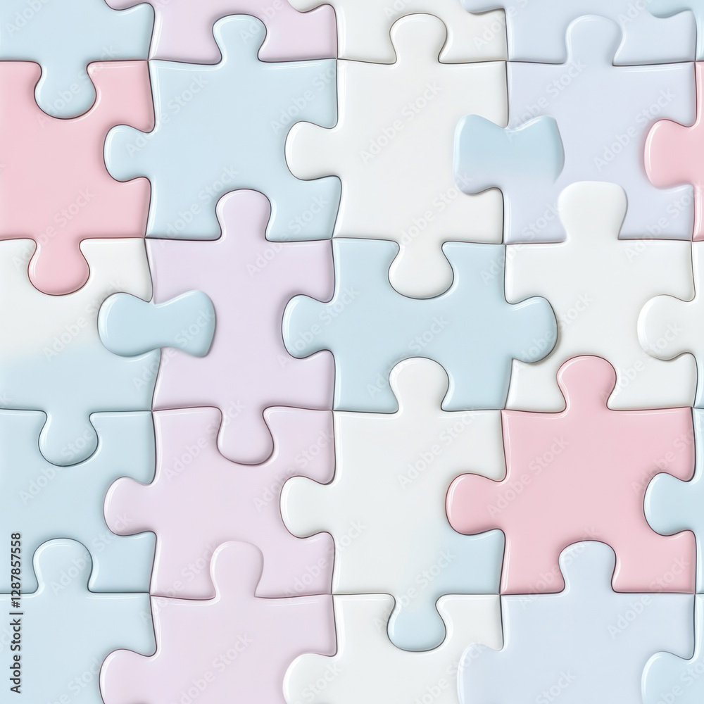 Pastel Puzzles Interlocking pieces forming complete design on flat surface in a pale color backdrop Pastel Puzzles Interlocking pieces forming complete design on flat surface in a pale color backdrop