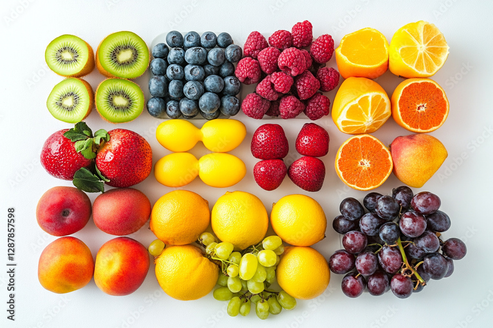 Variety of fresh fruits neatly arranged in a minimalist style Variety of fresh fruits neatly arranged in a minimalist style