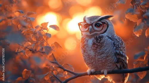 Owl wearing glasses perched on a branch with glowing bokeh background, warm autumn colors. Wisdom and knowledge concept