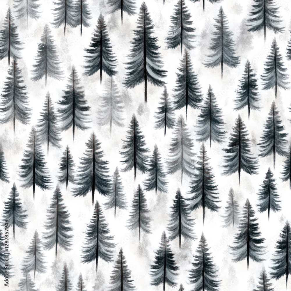 Obraz premium Pattern Dense pine trees forest in smoky haze, monochrome illustration on a white background