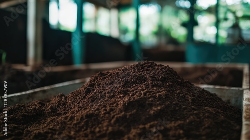 Close-up of rich brown soil in a gardening facility with greenery and planting areas in background photo