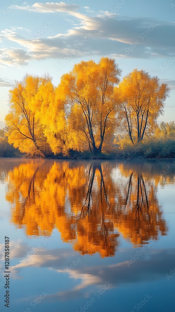 Fototapeta premium Autumn trees reflected on calm water