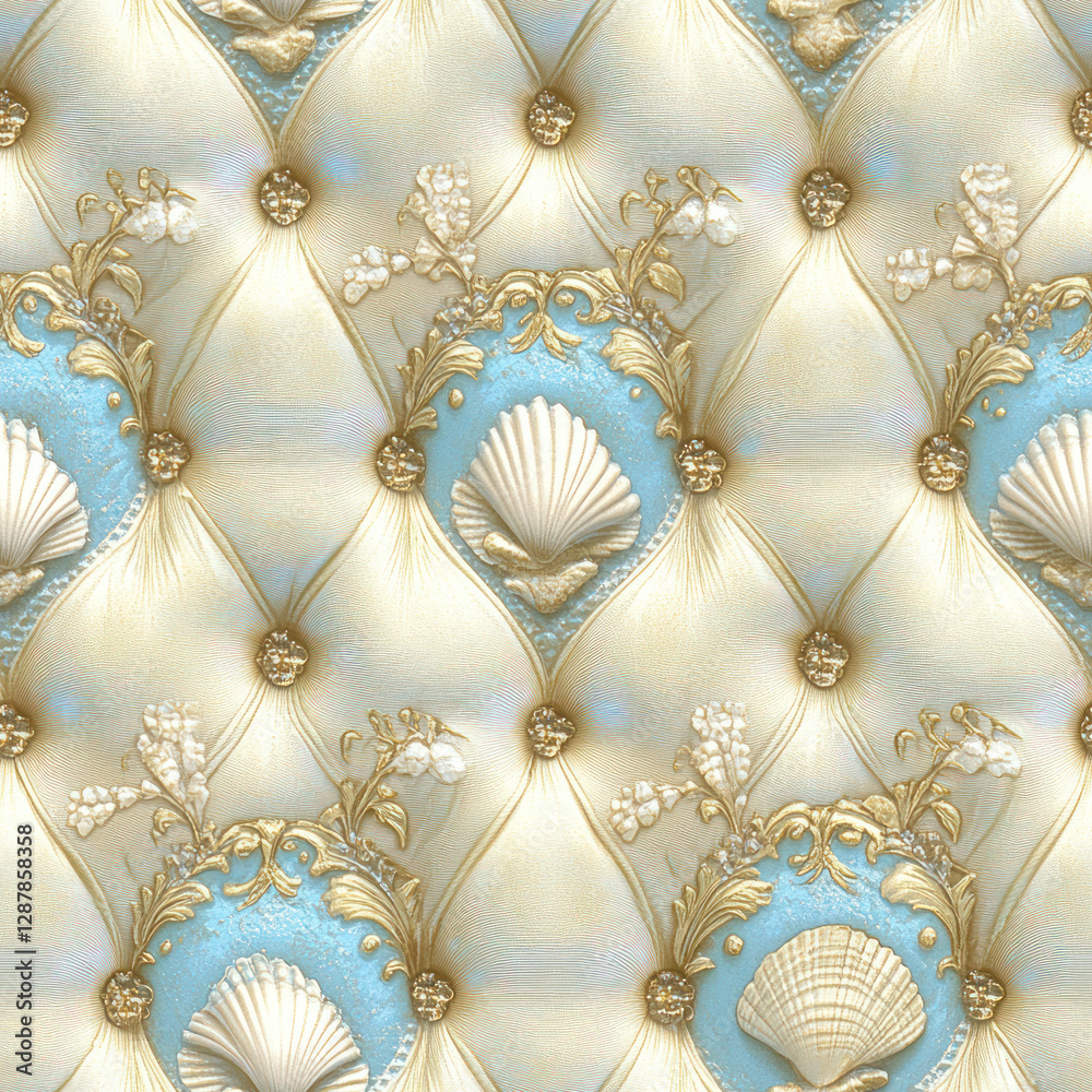 Naklejka premium Pattern Seashells in turquoise frame on tufted beige background, repeating design, fancy aesthetic