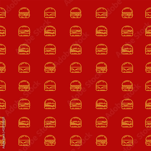 Doodle burger seamless pattern on red background. Cheeseburger sketch line art motif. Packaging, food wrapper, backdrop