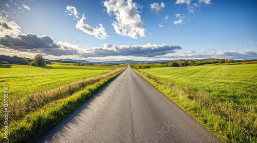 Wide road into distance, flanked by green fields and blue sky. High-definition, horizontal composition. Serene beauty.